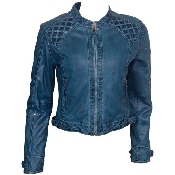 Women's Leather Blue Biker Jacket